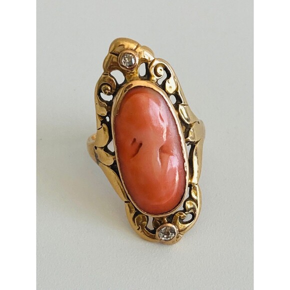 Vintage tested 14kt gold genuine coral diamond ring size 4.75